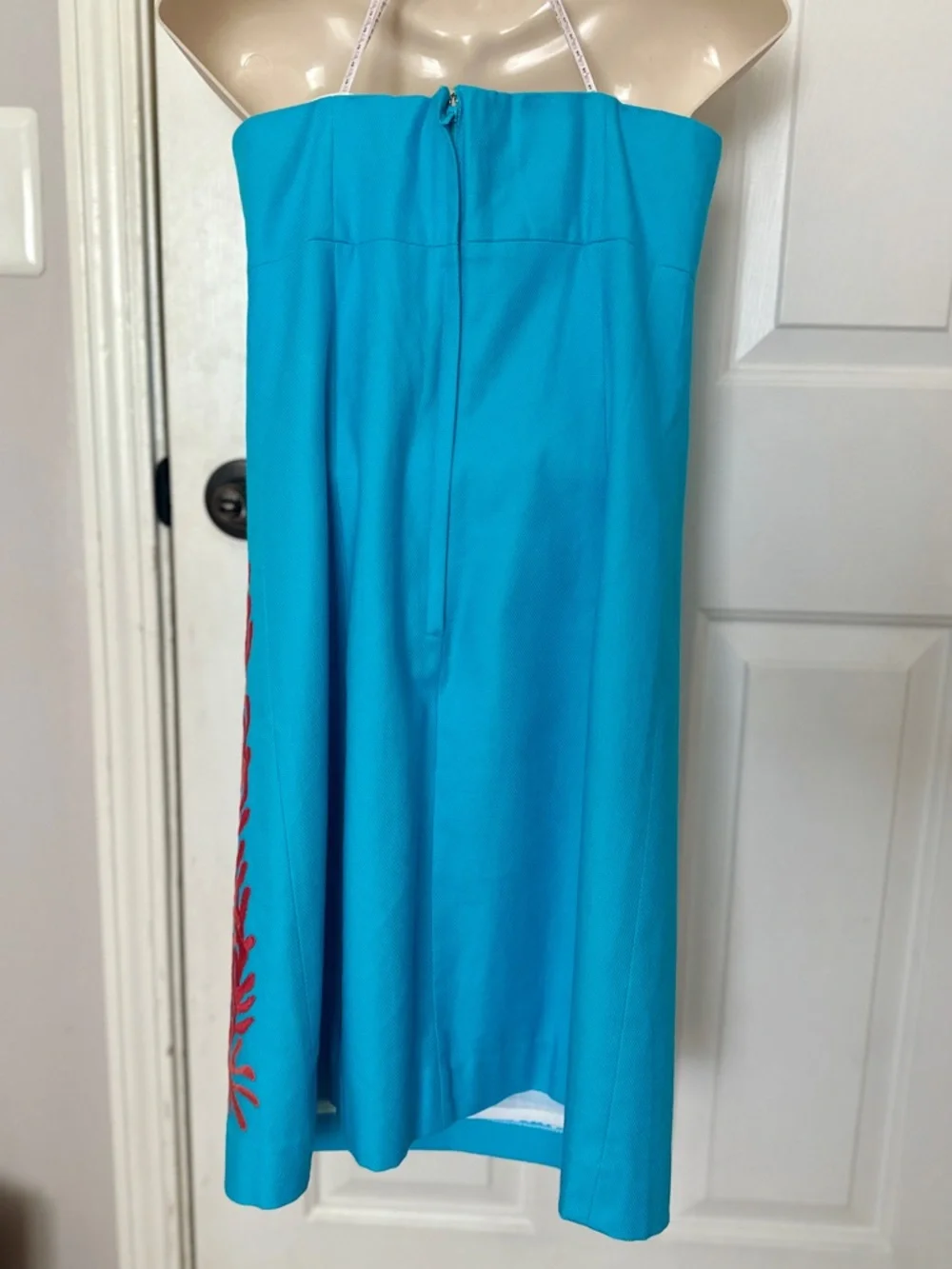 Lilly Pulitzer Turquoise Strapless Dress with Red Embroidered Accents - Picture 4 of 8